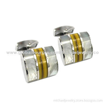 Stainless Steel Cufflinks with Mop & Yellow Synthetic Stones, Concise and Fashionable